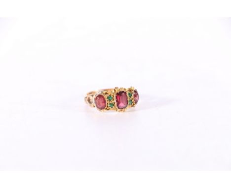 Victorian 15ct gold dress ring set with emerald green and amethyst purple stones, size K, 2.7g. Section of ring has been repa