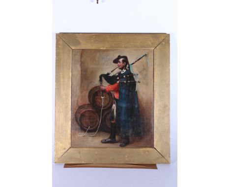 19th CENTURY SCHOOL,&nbsp;Comical portrait of a piper drinking from a cask of Murree Brewery Co Ltd through his bagpipes,&nbs