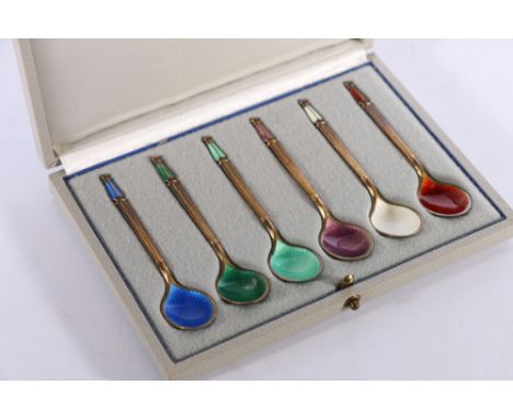 Set of six Danish silver gilt and guilloche enamel coffee spoons, makers mark RCP LD and retailer mark "A Michelsen Denmark" 