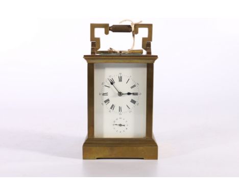 Antique French repeater carriage clock, the white enamel dial with Roman and Arabic numerals and subsidiary dial, 18cm tall 