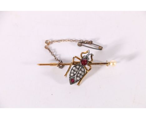 Antique gold ruby, diamond and pearl bar brooch with beetle, 4.5cm long, 5.2g 