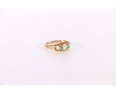 Unhallmarked yellow metal opal and diamond dress ring, size L, 2.7g. Slightly misshapen  Opals appear well.  Stones have mino