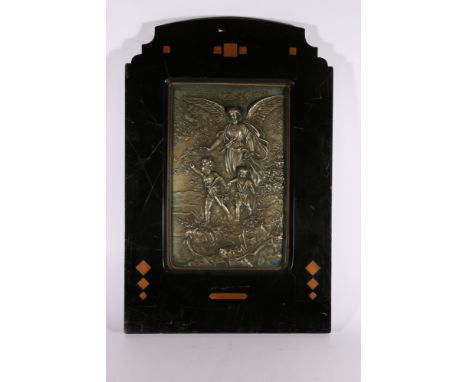 Art Nouveau style cast bronze relief plaque of and angel and two figures, bears signature "J HAILL?" within black lacquered f