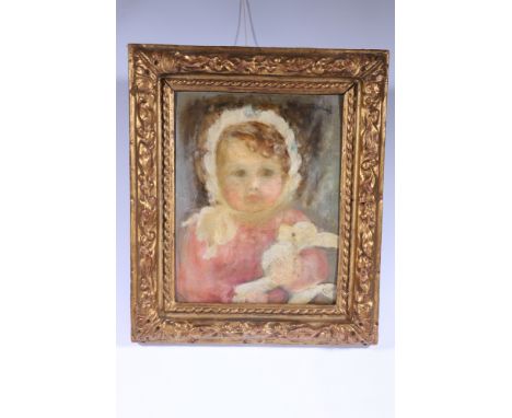19TH CENTURY SCHOOL,&nbsp;Portrait of a girl with dog,&nbsp;Signed "Dorie Rosa" oil on canvas, 36cm x 28cm 