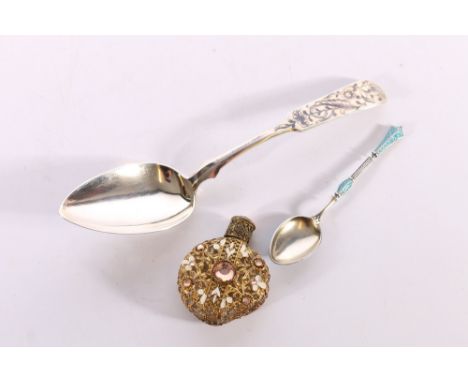 Russian 84zol grade silver spoon with engraved decoration stamped AK1844, 48g 19cm long, a Russian style filigree and enamel 