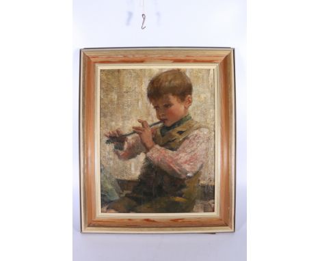 19TH CENTURY SCHOOL,&nbsp;Portrait of a young boy blowing penny whistle,&nbsp;Unsigned oil on board, 52cm x 41cm 
