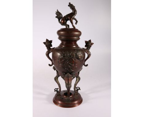 Japanese incense burner on triple supports, the domed lid with kylin finial, the bulbous body decorated with birds and flower