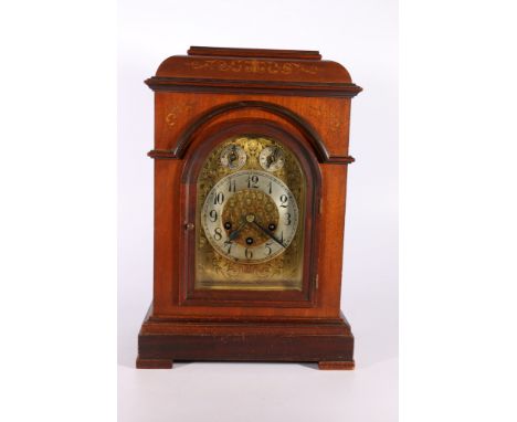 Antique mahogany and inlaid mantle clock, the works by Junghans, 44cm tall 