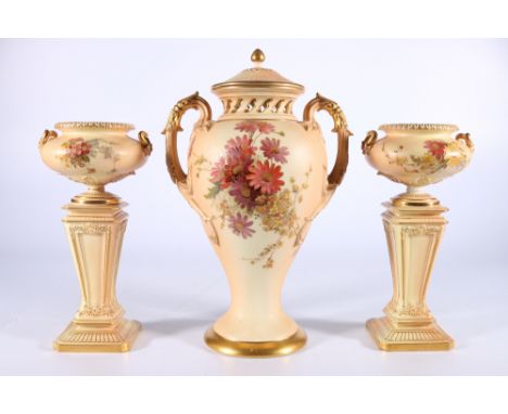 Royal Worcester blush ivory porcelain twin handled urn vase vase and cover with pierced collar and hand painted floral decora