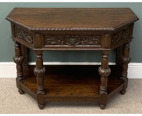 OAK CARVED HALL TABLE, circa 1900, octagonal form, single drawer with base shelf, 74 (h) x 107 (w) x 49cms (d)Provenance: pri