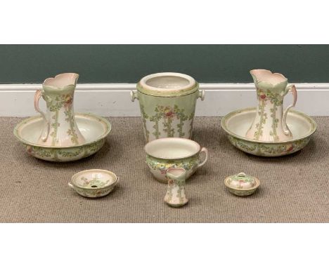 CERAMIC TOILET SET comprising two jug and basins, large pale, chamber pot etc. labelled 'Rhos'Provenance: private collection 