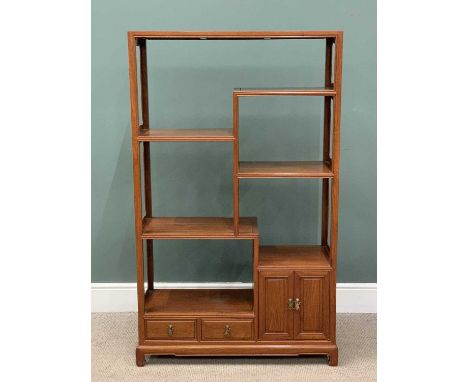 EASTERN HARDWOOD MULTI-SHELF OPEN BOOKCASE with base cupboard doors and drawers, 152 (h) x 94 (w) x 38cms (d)Provenance: priv