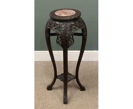 CHINESE CARVED HARDWOOD PLANTER STAND with marble top, 92 (h) x 28cms (diam.)Provenance: private collection Conwy