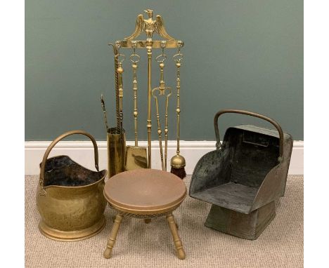 FIRE SIDE METALWARE to include fire irons, tripod stand with eagle finial, 87cms (h), coal scuttles etc.Provenance: private c