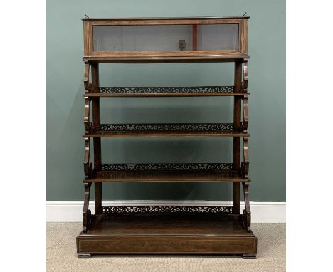 19TH CENTURY ROSEWOOD WATERFALL BOOKCASE with glazed door top shelf and fretwork rail backs, 151 (h) x 110 (w) x 43cms (d)Pro