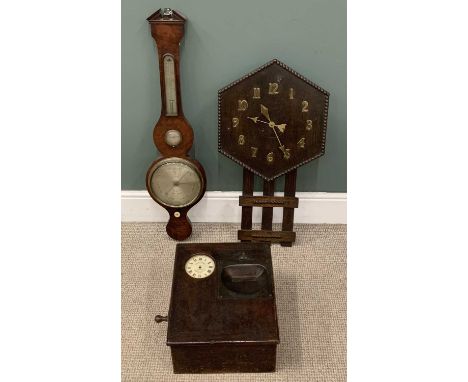 THREE INSTRUMENTS including octagonal wall clock with brass numerals, a mahogany balloon barometer, Zanetti of Manchester wit