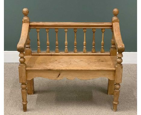 VINTAGE PINE COMPACTOR BENCH with spindle back, turned supports, 94 (h) x 95 (w) x 42cms (d)Provenance: private collection Co