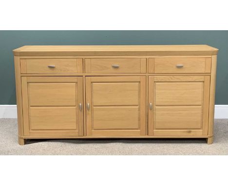 MODERN LIGHT OAK SIDEBOARD, a stylish example with three doors over three drawers, 93 (h) x 194 (w) x 50cms (d)Provenance: de