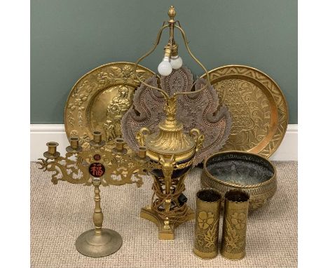 BRASSWARE to include chargers, fancy table lamp, trench art etc.Provenance: private collection Conwy