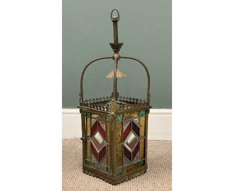 LATE VICTORIAN BRASS & LEADED GLASS HANGING CEILING LANTERN, 66 (h) x 22cms (diam.)Provenance: private collection Conwy