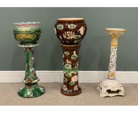 THREE POTTERY PLANTERS WITH STANDS including two majolica, 90cms the tallest and a continental planter standProvenance: priva