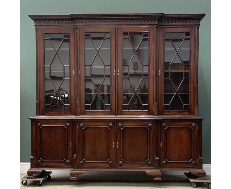 MAHOGANY 'CHIPPENDALE' STYLE BOOKCASE CUPBOARD, a fine example with breakfront, dentil cornice, four astragal glazed doors to