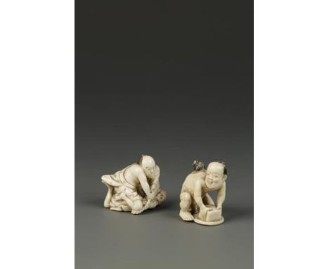 TWO JAPANESE IVORY NETSUKE, Meiji, one of two wrestlers, signed, 1.5" (4cm) long; the other of a rat catcher, 1.75" (4cm) hig