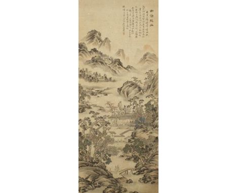 MAI QING (19th century) Mountains, river and huts among trees illustrating the literati leisure activities such as visiting a
