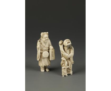 TWO JAPANESE IVORY FIGURE NETSUKE, Meiji, one of small and large sennin, 2.75" (7cm) high; the other of a demon catcher, sign