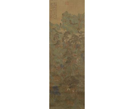 AFTER LIU SONGNIAN (1150-1225) Mountains with trees, houses and figures depicting a recluse's life, signed Liu Songnian with 