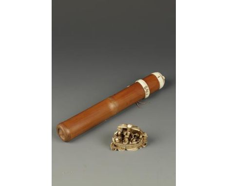 A JAPANESE BAMBOO AND STAG ANTLER KISERUZUTSU of plain form with ring suspension loops, Meiji, 9.75" (24.8cm) long; together 