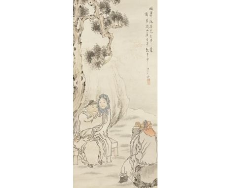 ZHAN SHENSHENG (20th century) Two men and a woman gathered together illustrating the story of the three knight-errants during