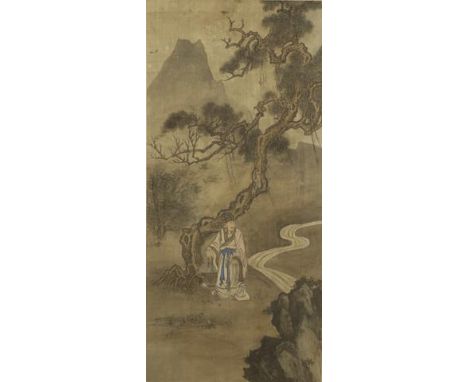 AFTER LI TANG (ca.1055-1130) A scholar amid a field holding a basket of flowers and a hoe under a pine tree, signed Li Tang w
