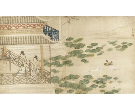KE JUN (19th century) Two ladies in a pavilion near a lotus pond with ducks, signed Ke Jun with one seal of the artist, ink a