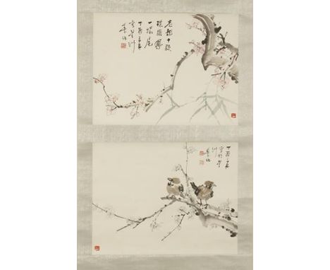 TAO SHOUBO (1902-1997) Plum blossom, bamboo and sparrows, singed Shoubo, dated 1957 in Singapore, with five seals and one poe