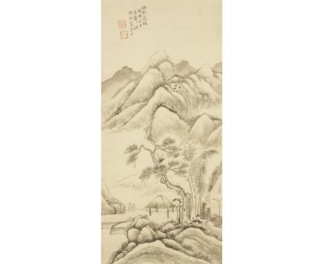 WU DEYI (1864-1928) Landscape with two scholars and a hut among mountains, signed Deyi, dated 1898, with two seals of the art