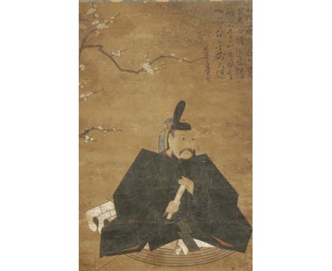 JAPANESE ARTIST, circa 14th/15th century A portrait of Suguwara no Michizane seated beneath a plum tree with an accompanying 