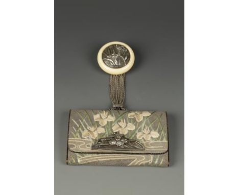 A JAPANESE SILK PURSE AND KAGAMIBUTA, the silver-mounted purse finely worked with irises, the interior clasp signed, the kaga
