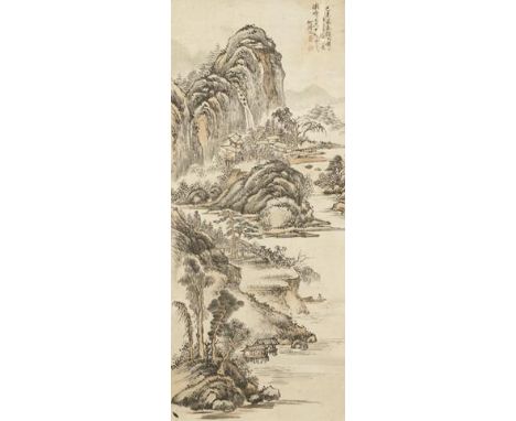 HE ZHONGYUAN (late 19th- early 20th century) Spring landscape with buildings and figures, signed He Zhongyuan with two seals 