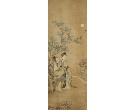 CHINESE ARTIST, Qing Dynasty Two ladies seated on a balcony surrounded by rocks with a tree above, sealed lower left 'Chen Li