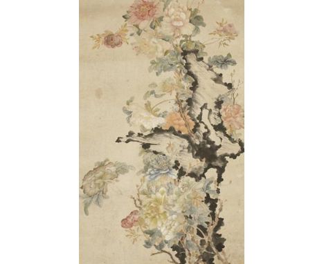 CHINESE ARTIST (Late Qing) Multi-coloured peonies with a garden rock representing wealth and auspiciousness, hanging scroll, 