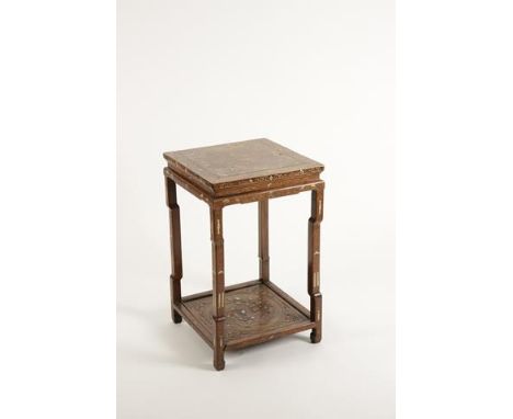 A CHINESE INLAID-HARDWOOD CORNER-LEG OCCASIONAL TABLE of square form, the top decorated with a buddhistic lion roundel and fo