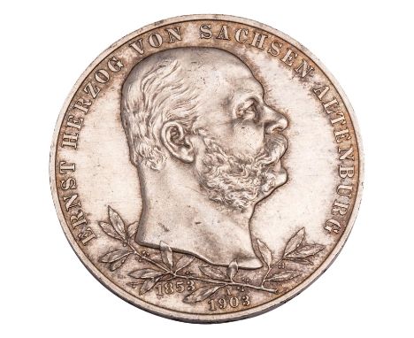Sachsen-Altenburg - 5 Mark 1903, Herzog Ernst, 50-jähriges Regierungsjubiläum, ss-vz, Kratzer, Tönung, berieben, Randkerben, 