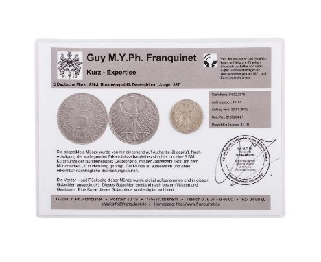 BRD - 1 x 5 DM 1958 J. Jaeger Nr. 387, ss-vz, Tönung, fleckig, Kratzer, 7 g Ag fein. Mit einer Kurz-Expertise von Guy M. Y. P