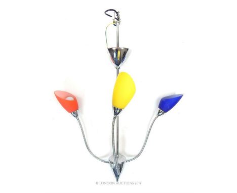 A contemporary Italian chromed metal pendant ceiling light fitting, with three adjustable uplights with coloured glass shades