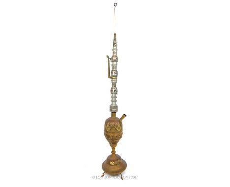 A late 19th / early 20th century Persian hookah pipe, the copper base inlaid with brass coffee pot and fish designs, 144 x 20