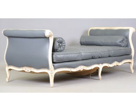 A large 20th century French cream painted showframe daybed, upholstered in buttoned grey leather, height 83cm, length 225cm, 