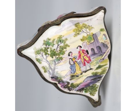 A 19th century Continental porcelain patch box of shaped triangular form, the hinged lid painted with a couple standing in a 