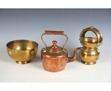 A collection of copper and brass wares, comprising a late 19th century copper hunting horn, length 122cm, a 19th century Arts