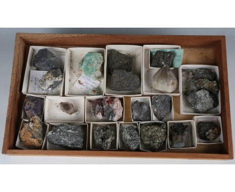 A large collection of various mineral specimens, including childrenite, galena and fluorite, length of largest section 13cm.B